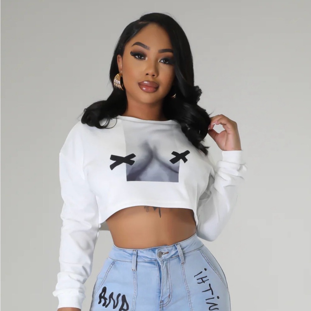 White Graphic Crop Top